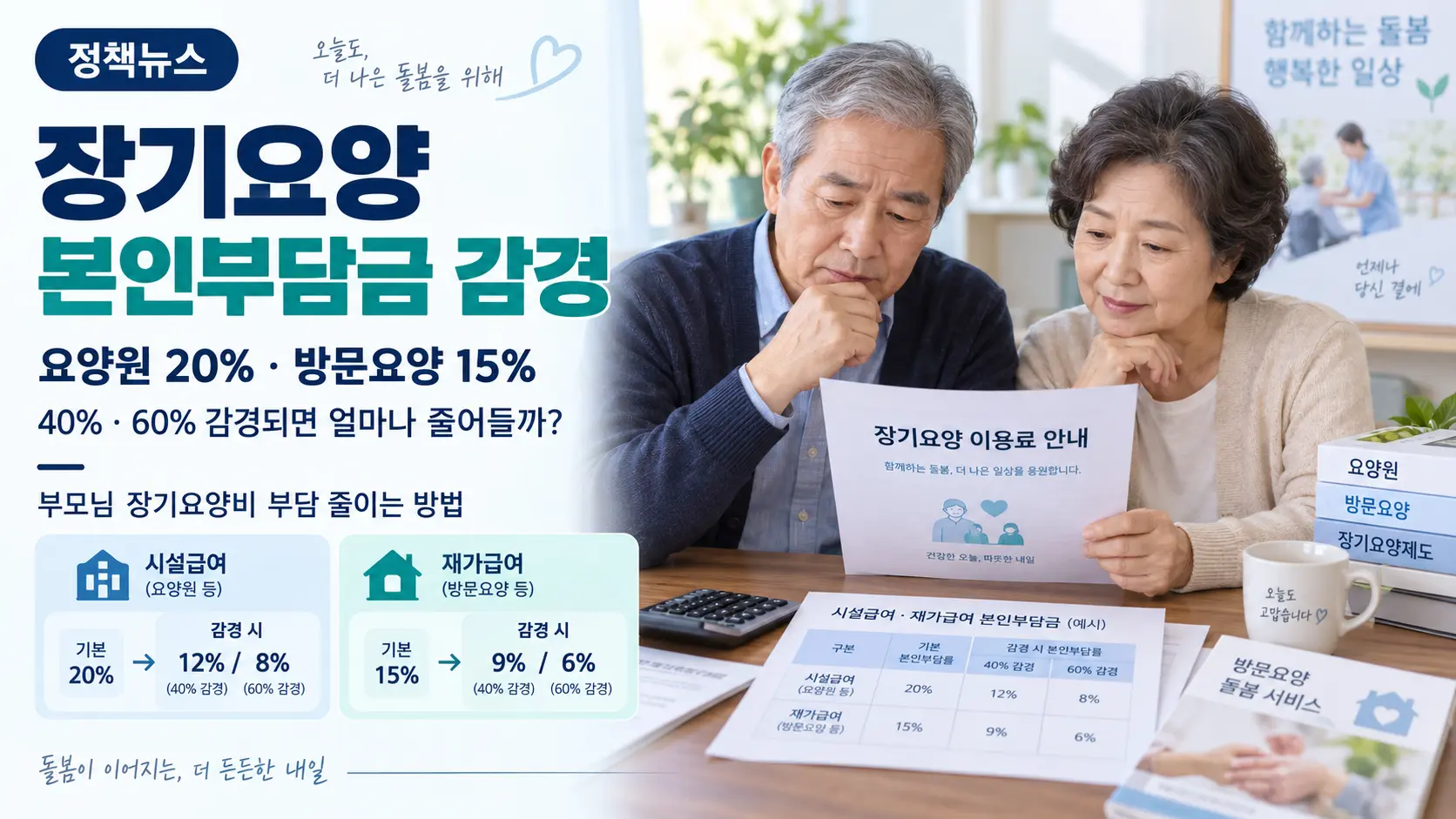 장기요양 본인부담금 감경 요양원 방문요양 비용 확인하는 노부부