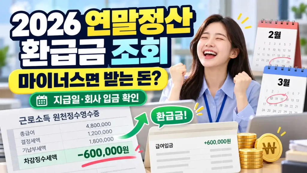 대표 이미지 ALT: 2026 연말정산 환급금 조회 차감징수세액 마이너스 환급일 회사 지급